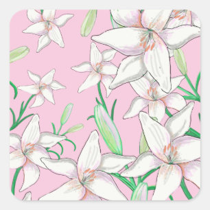 White Lillies on Pink Background Illustration Square Sticker