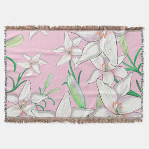 White Lillies on Pink Background Illustration Throw Blanket