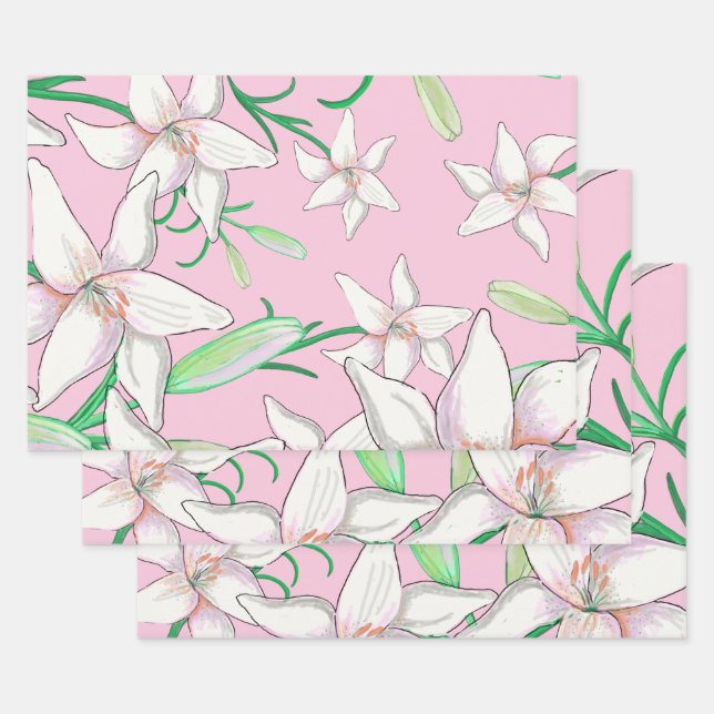 White Lillies on Pink Background Illustration Wrapping Paper Sheet (Set)