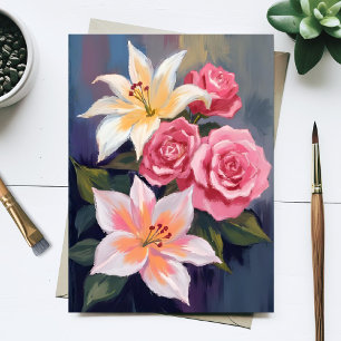 White Lillies Pink Rose Bouquet Watercolor Floral Postcard