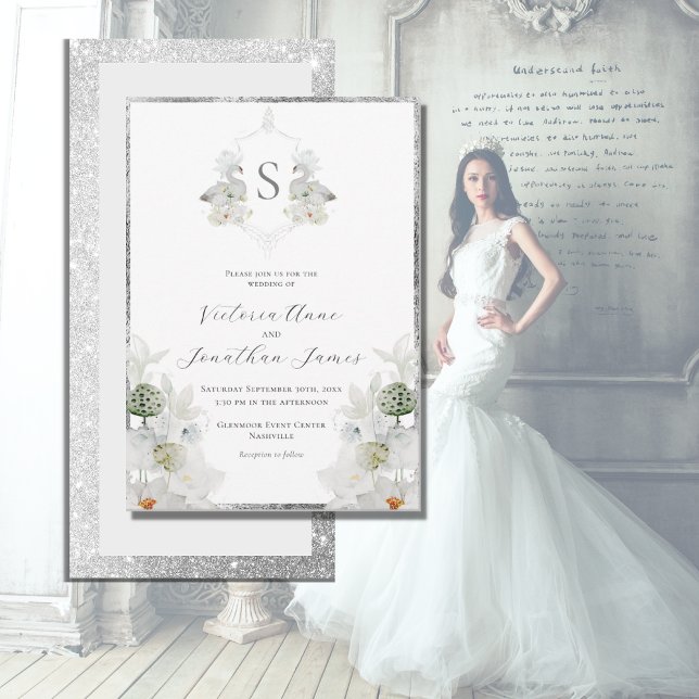 White Lilly Swan Monogram Crest Elegant Wedding Invitation (Creator Uploaded)