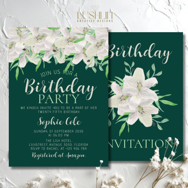 White Lily Birthday Elegant Emerald Green Floral Invitation (Creator Uploaded)
