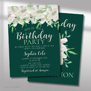White Lily Birthday Elegant Emerald Green Floral Invitation