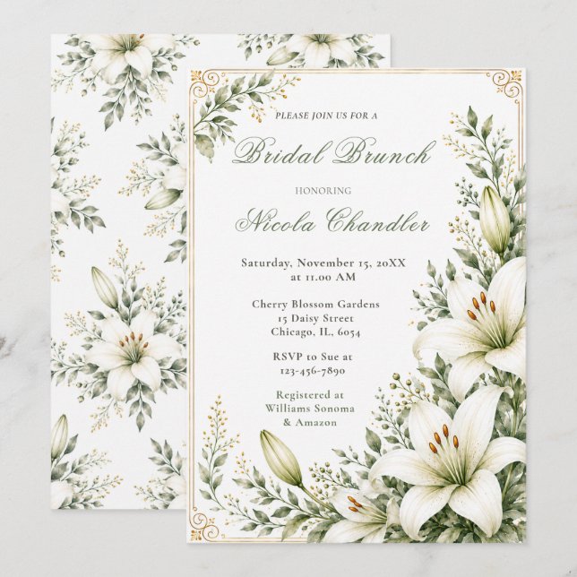 White Lily Bridal Brunch Invitation (Front/Back)