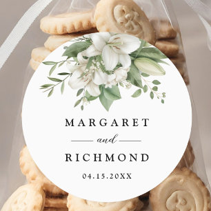 White Lily Elegant Watercolor Floral Wedding Classic Round Sticker