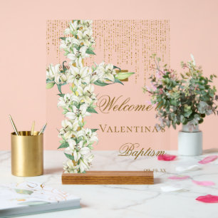 White Lily Floral Gold Cross Baptism Welcome Acrylic Sign