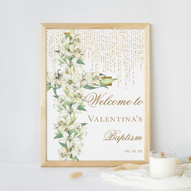 White Lily Floral Gold Cross Baptism Welcome Poster (Creator Uploaded)