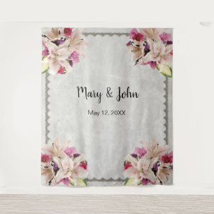 White Lily Floral Marble Wedding Backdrop Tapestry