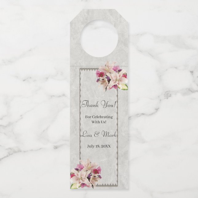 White Lily Floral Marble Wedding Bottle Hangers (Front)