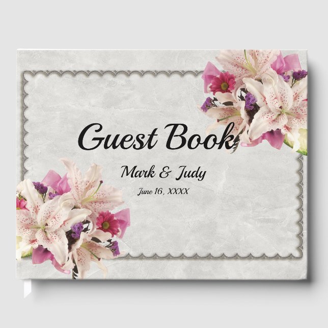 White Lily Floral Marble Wedding Guestbook (Front)