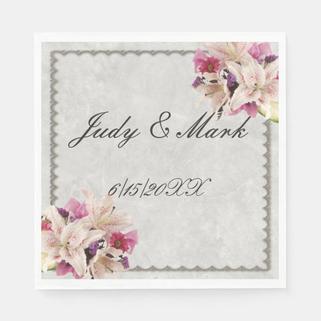 White Lily Floral Marble Wedding Paper Napkins (Front)