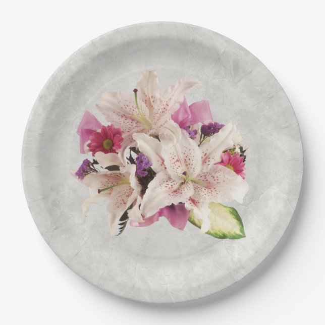 White Lily Floral Marble Wedding Paper Plate (Front)