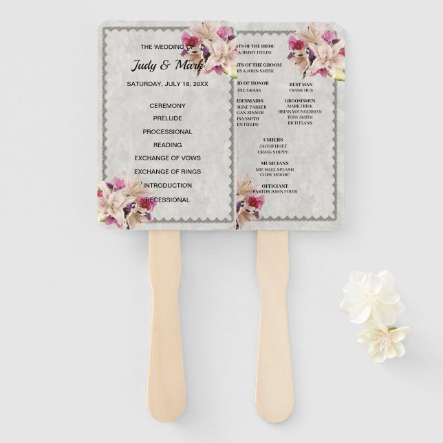 White Lily Floral Marble Wedding Program Fans (Front and Back)