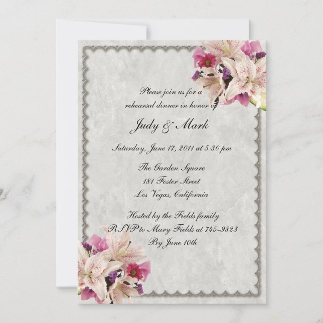 White Lily Floral Marble Wedding Rehearsal Dinner Invitation (Front)