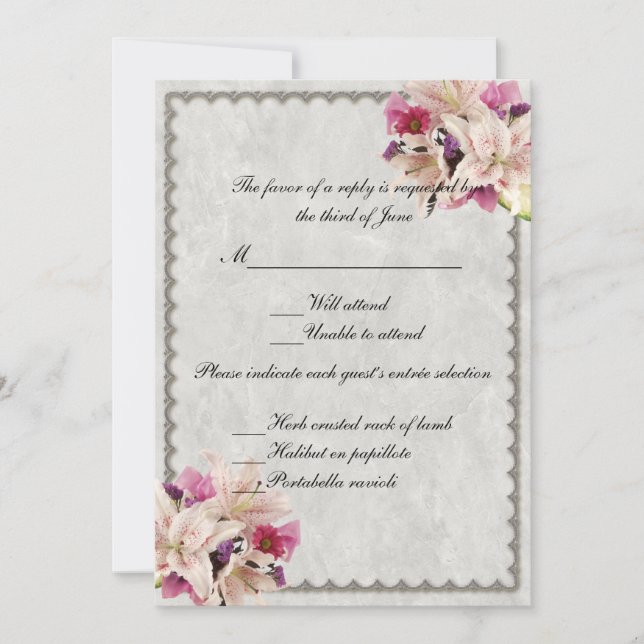 White Lily Floral Marble Wedding Response Card (Front)