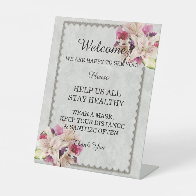 White Lily Floral Marble Wedding Safety  Pedestal Sign (Front)