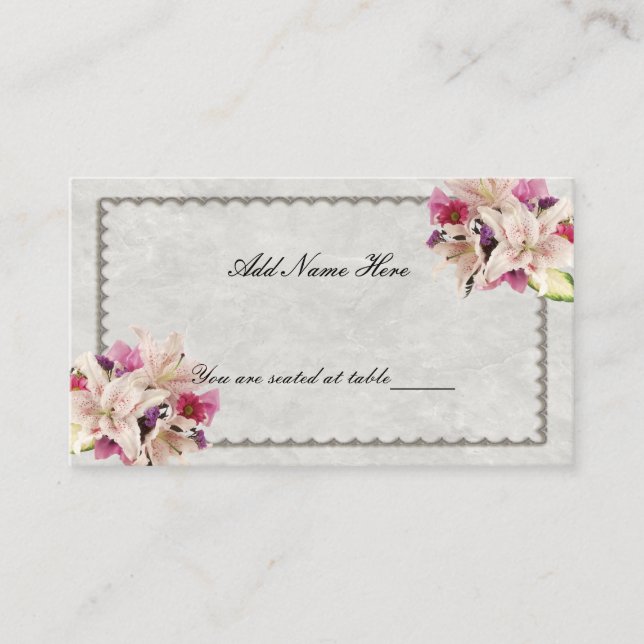 White Lily Floral Marble Wedding Table Place Card (Front)
