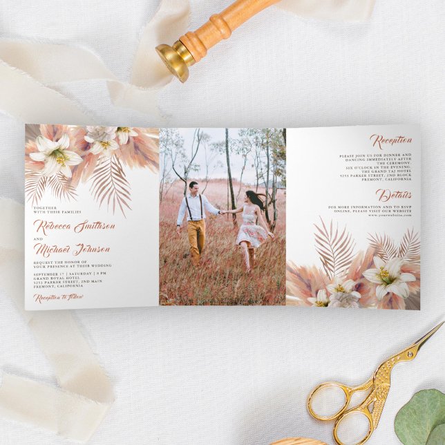 White Lily Floral Palm Earthy Pampas Wedding Tri-Fold Invitation (Creator Uploaded)