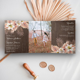 White Lily Floral Palm Earthy Pampas Wood Wedding Tri-Fold Invitation