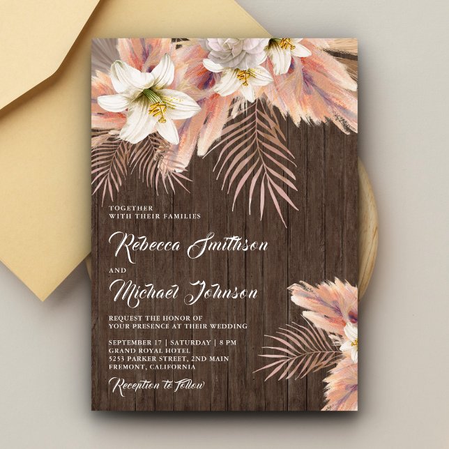 White Lily Floral Palm Pampas Barn Wood Wedding Invitation (Creator Uploaded)