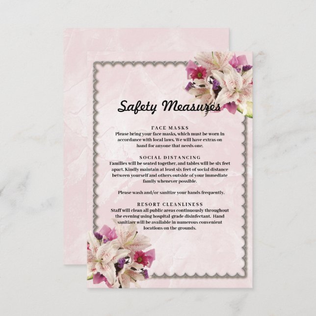 White Lily Floral Pink Marble Safety Measures Enclosure Card (Front/Back)