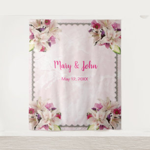 White Lily Floral Pink Marble Wedding Backdrop Tapestry