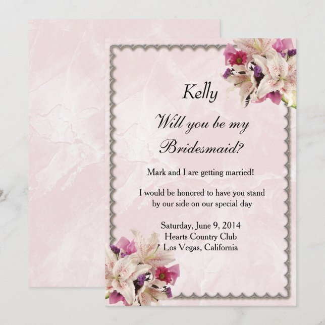 White Lily Floral Pink Marble Wedding Bridesmaid Invitation (Front/Back)