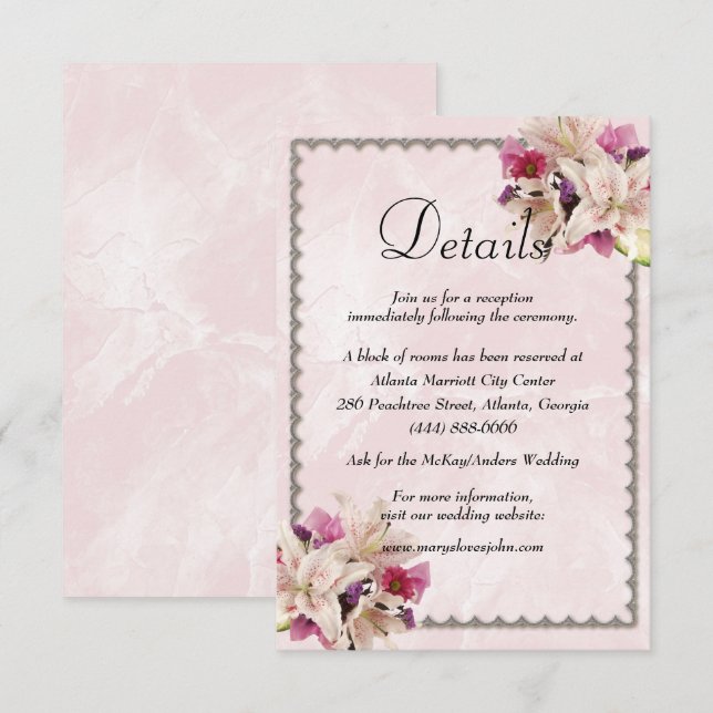 White Lily Floral Pink Marble Wedding Details Enclosure Card (Front/Back)