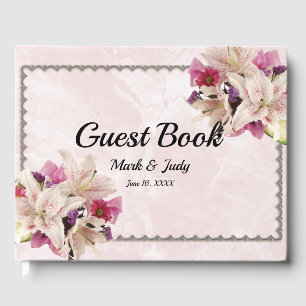 White Lily Floral Pink Marble Wedding Guestbook