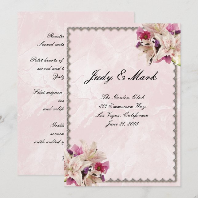 White Lily Floral Pink Marble Wedding Menu Card (Front/Back)