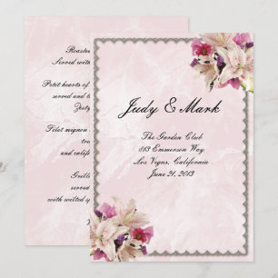White Lily Floral Pink Marble Wedding Menu Card
