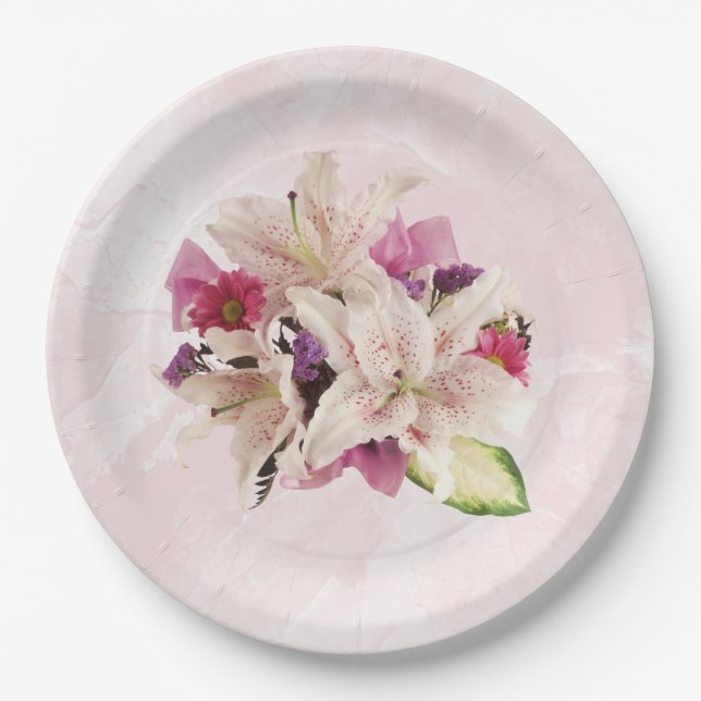 White Lily Floral Pink Marble Wedding Paper Plate (Front)