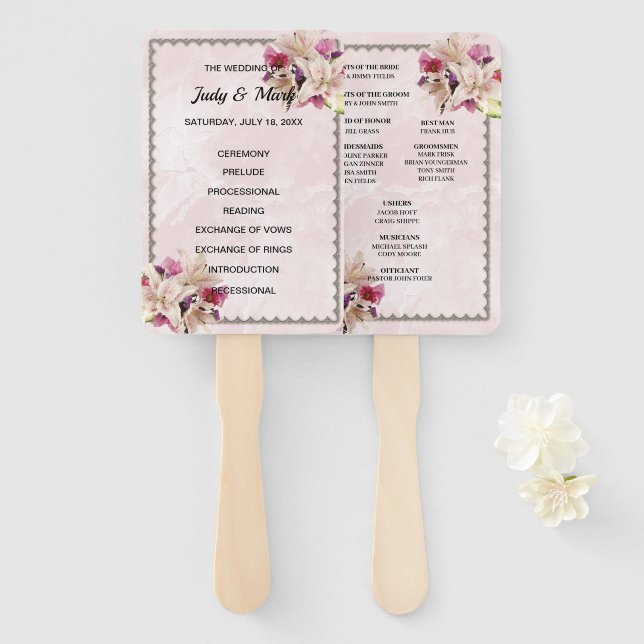 White Lily Floral Pink Marble Wedding Program Fans (Front and Back)