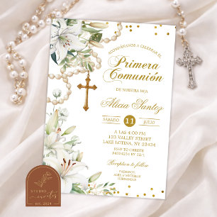 White Lily Floral Rosary Catholic Bautizo Spanish  Invitation