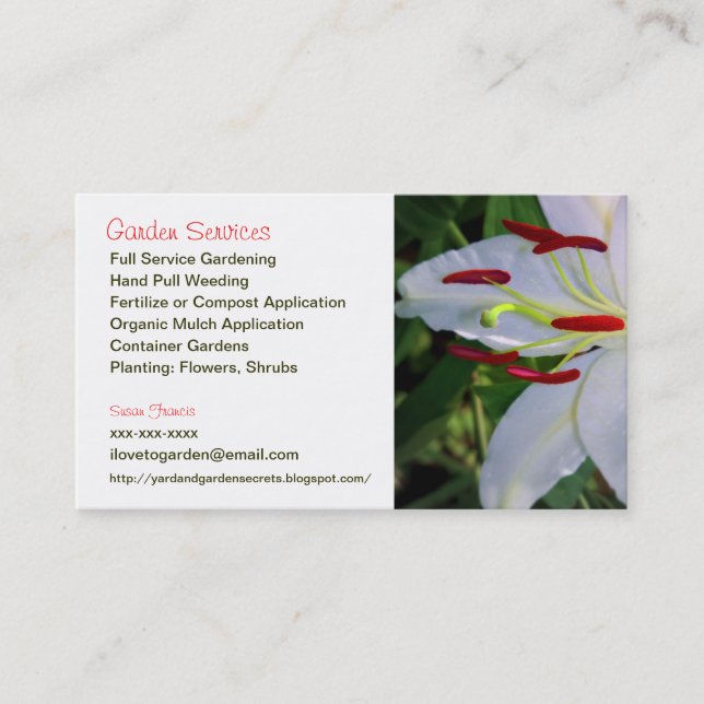 White Lily Flower Gardener Business Card (Front)