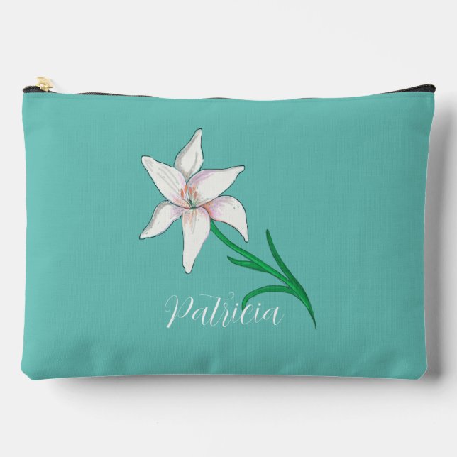 White Lily Flower Illustration Personalised Accessory Pouch (Front)