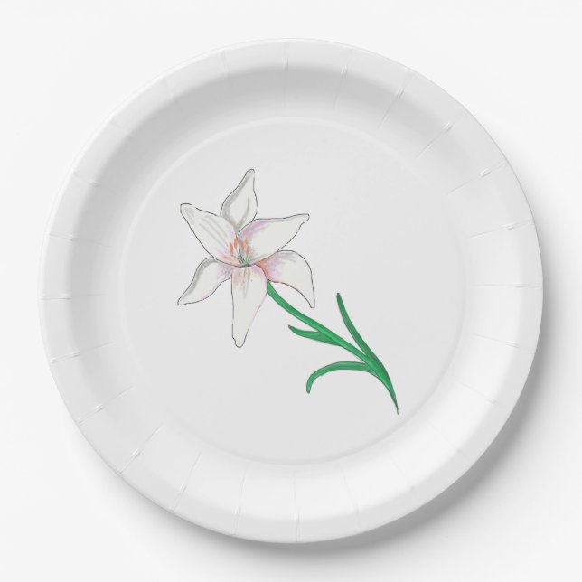 White Lily Flower  Paper Plate (Front)