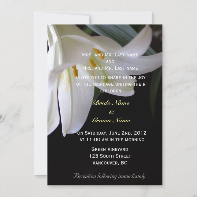 white lily flower spring, summer, holiday wedding invitation (Front)