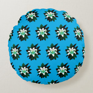 White Lily Flower With Dark Green Leaves Round Cushion
