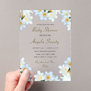 White Lily Flowers Acrylic Baby Shower Invitation