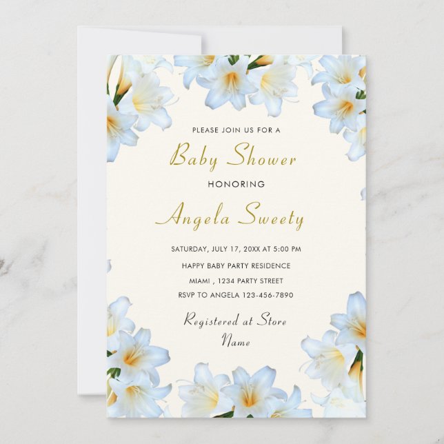 White Lily Flowers Baby Shower Invitation Template (Front)