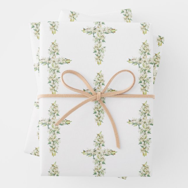 White Lily Flowers Floral Cross Religious Baptism Wrapping Paper Sheet (In situ)