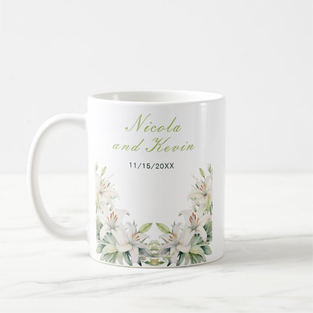 White Lily Flowers Wedding Coffee Mug (Left)