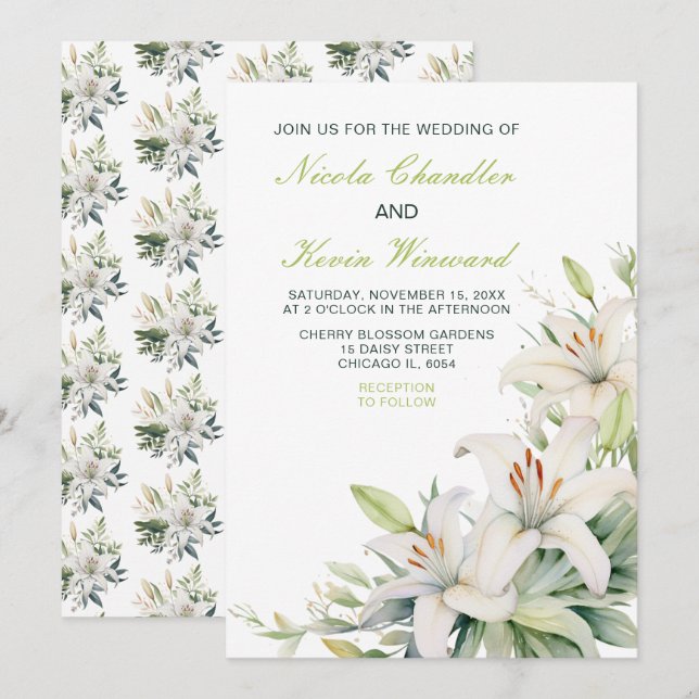 White Lily Flowers Wedding Invitation (Front/Back)