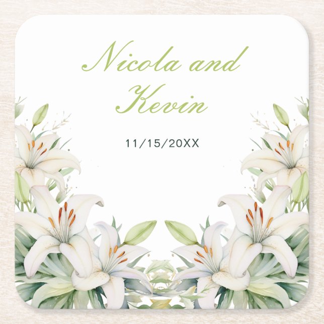 White Lily Flowers Wedding Square Paper Coaster (Front)