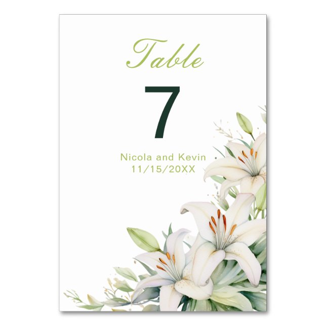 White Lily Flowers Wedding Table Number (Front)
