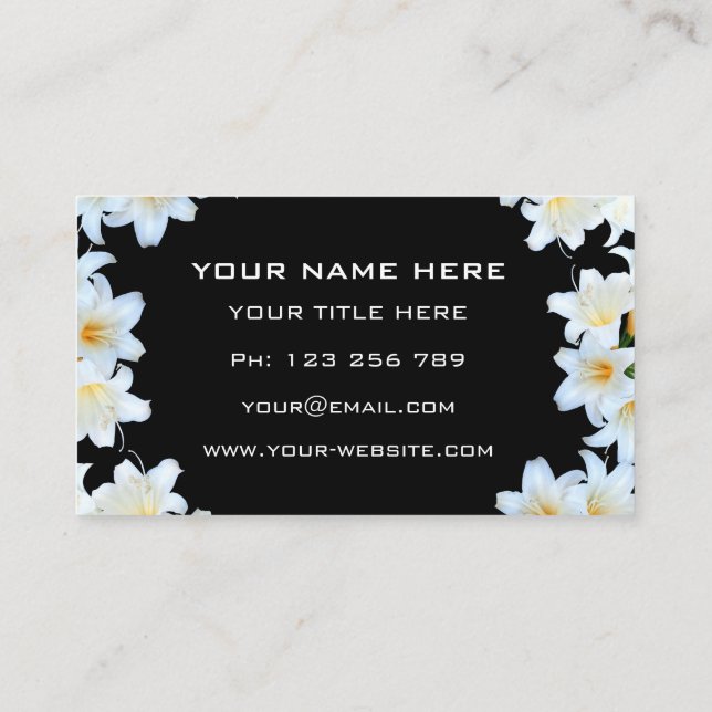 White Lily Flowers Wreath Frame Black Professional Business Card (Back)