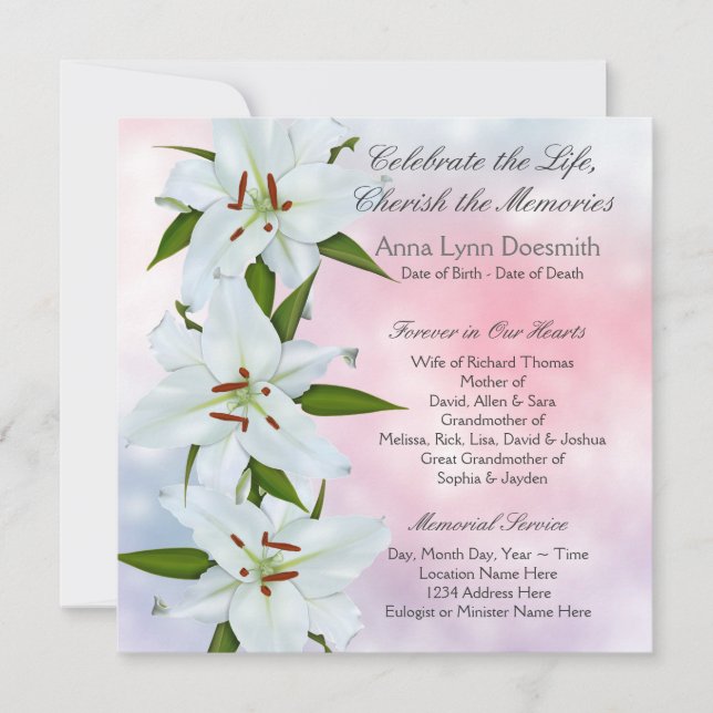 White Lily Funeral Announcements (Front)