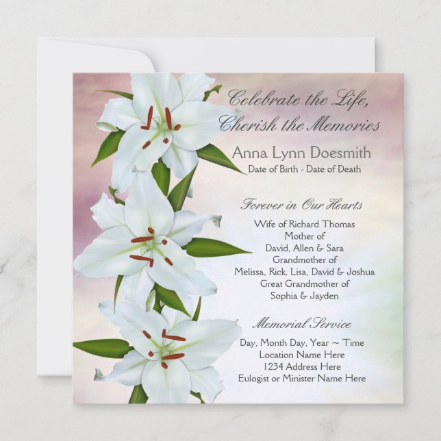 White Lily Funeral Announcements (Front)