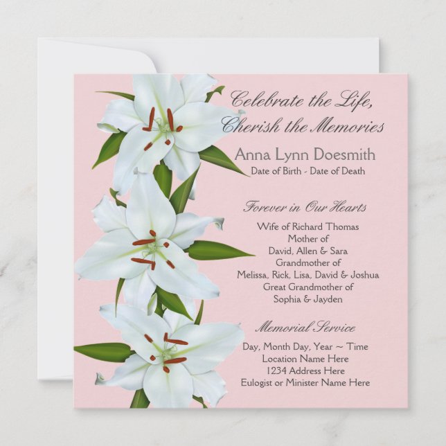 White Lily Funeral Announcements (Front)